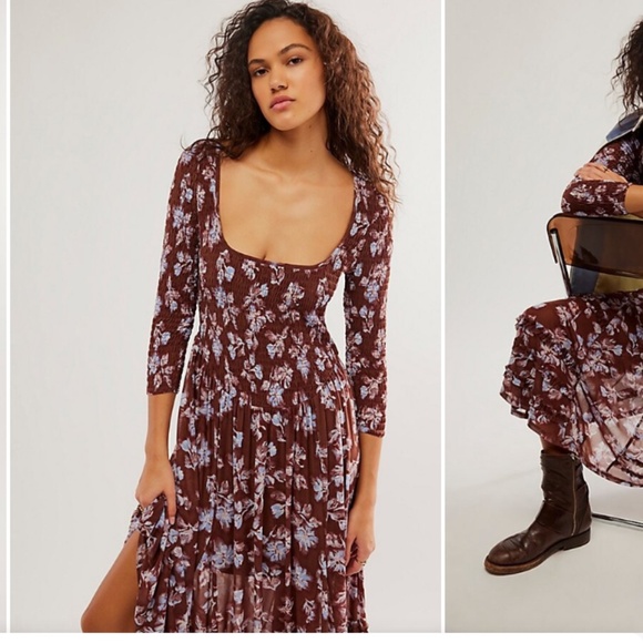 Free People Starlit Nights MIDI Dress Smocked Sheer Slip Floral Medium Med M FP - Picture 8 of 8